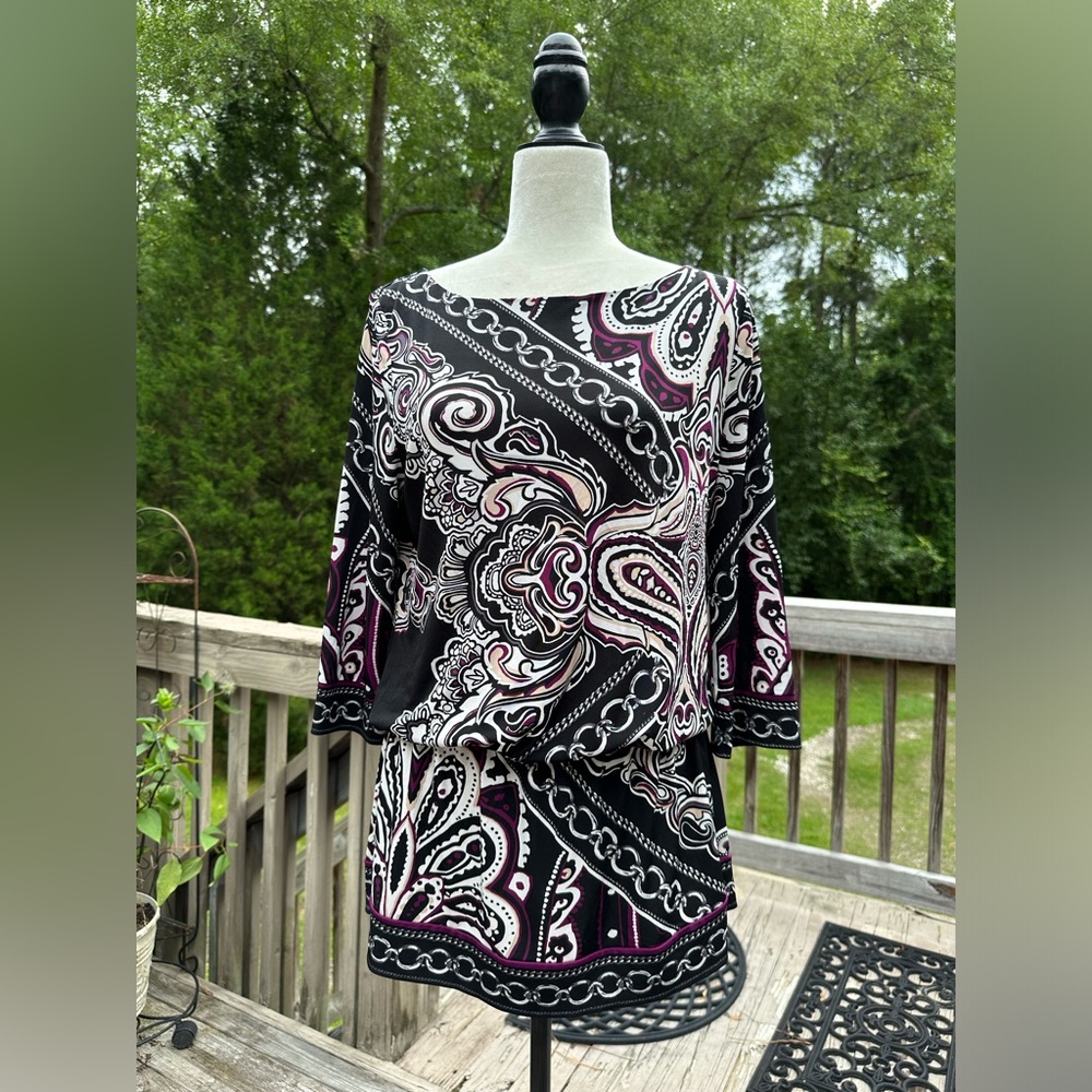 White House Black Market Black and Purple Paisley / Chain Tunic Top